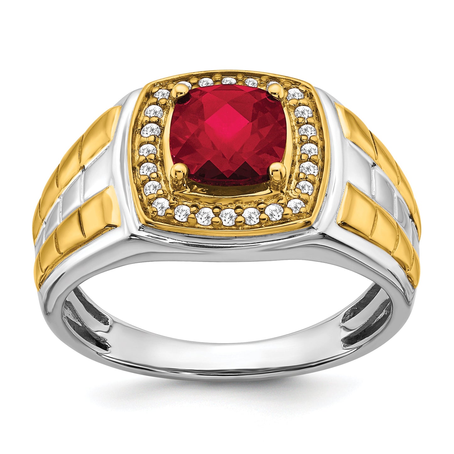 14K Yellow and White Gold Two-Tone Diamond and Created Ruby or Created Sapphire Ring
