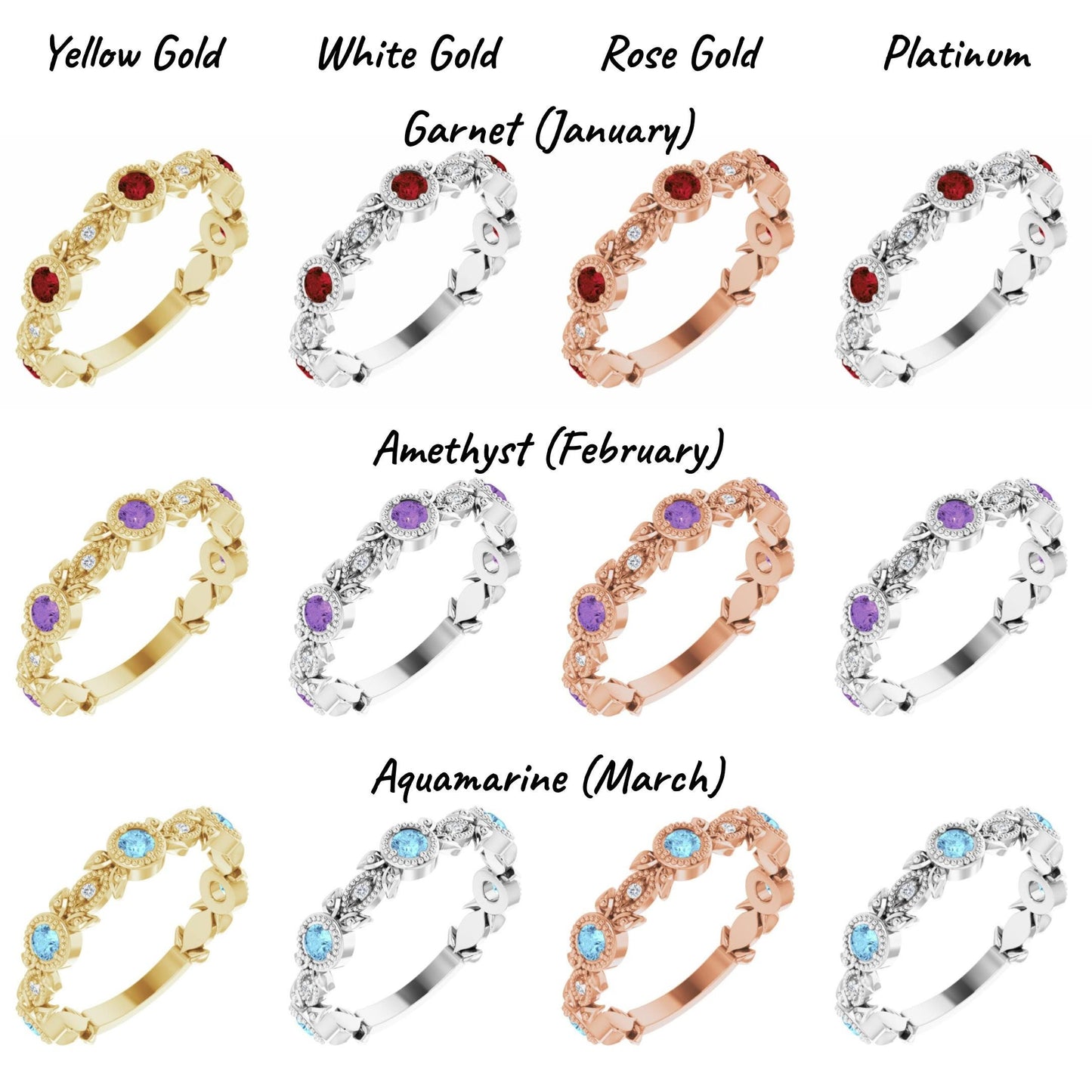 14K Yellow / White / Rose Gold or Platinum Birthstone and Diamond Leaf Ring