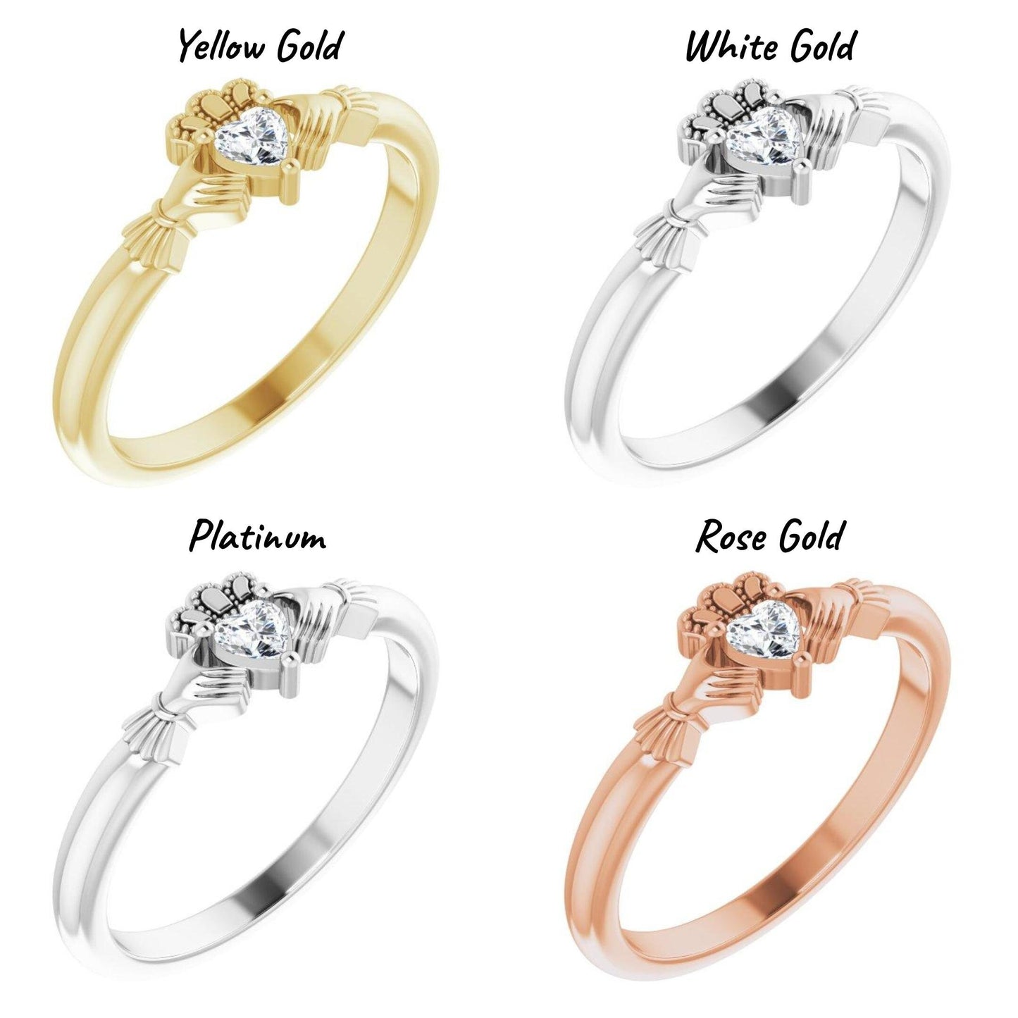 14K Yellow / White / Rose Gold or Platinum Claddagh Ring with Heart Shaped Mozambique Garnet, Onyx, or Created Moissanite Gemstone