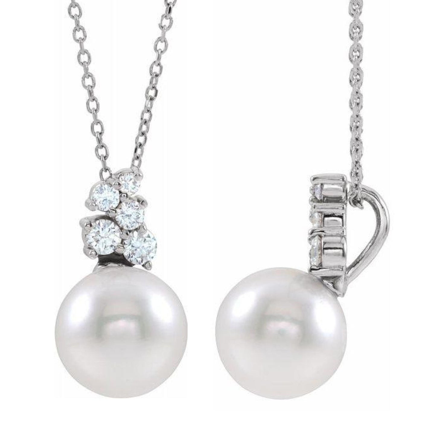 14K Yellow / White / Rose Gold or Platinum Freshwater Cultured Pearl and Diamond Cluster Necklace