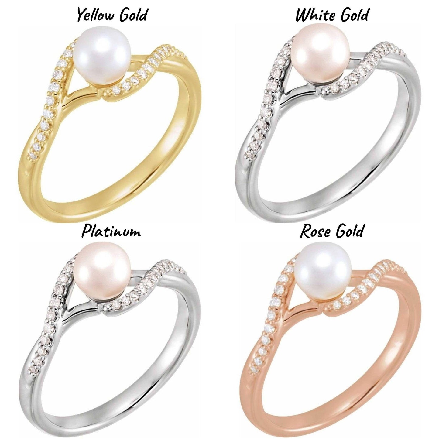 14K Yellow / White / Rose Gold or Platinum Freshwater Cultured Pearl & Diamond Bypass Ring